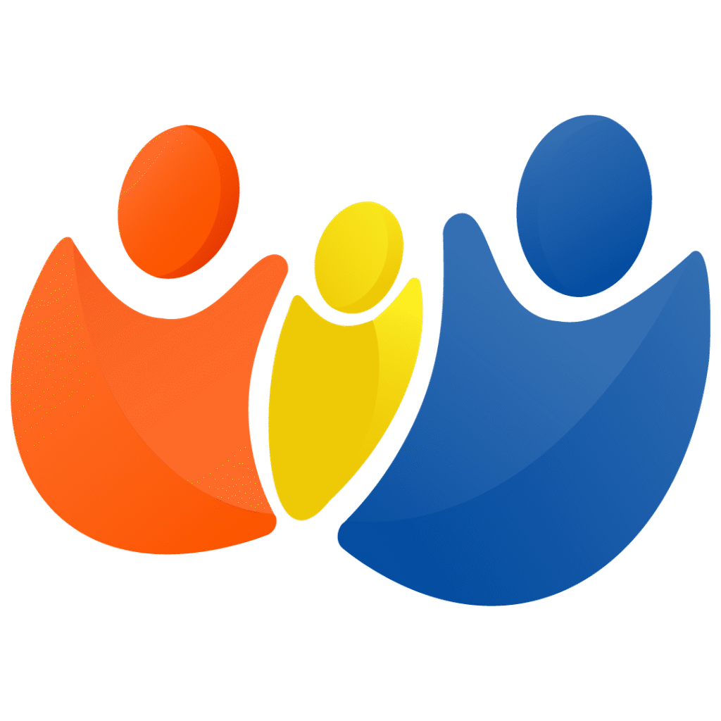 Tres figuras humanas, cada una de diferente color y tamaño, organizadas de derecha a izquierda: una figura naranja de tamaño mediano, una amarilla de tamaño pequeño y una azul de tamaño grande